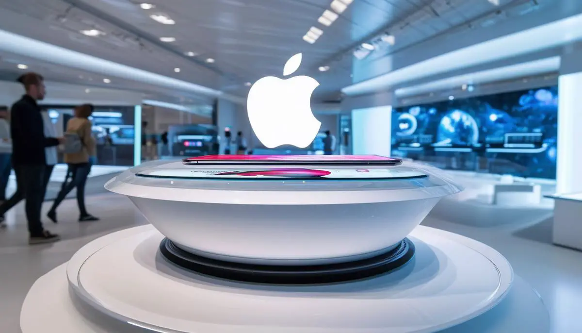 Futuristic Apple products and technologies in a high-tech showroom