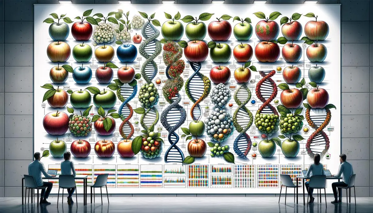 A scientific display showcasing the genetic diversity of apples, with various apple varieties and DNA models