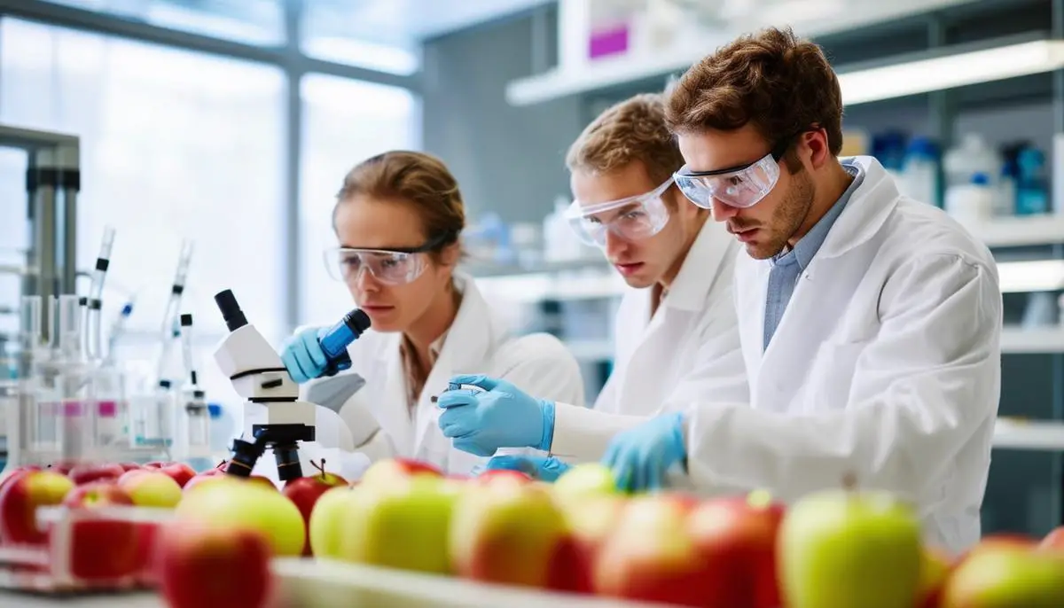 Scientists in a laboratory conducting genetic research on apples