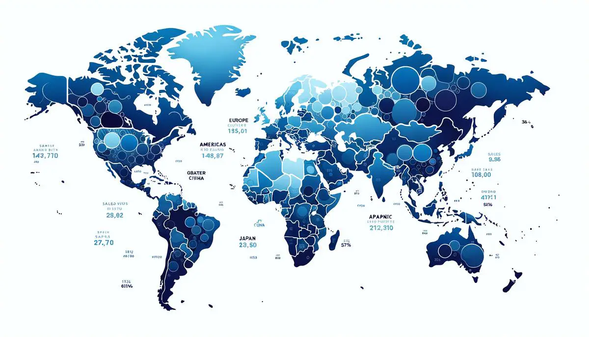 A world map highlighting Apple's sales figures in different regions including Americas, Europe, Greater China, Japan, and Rest of Asia Pacific