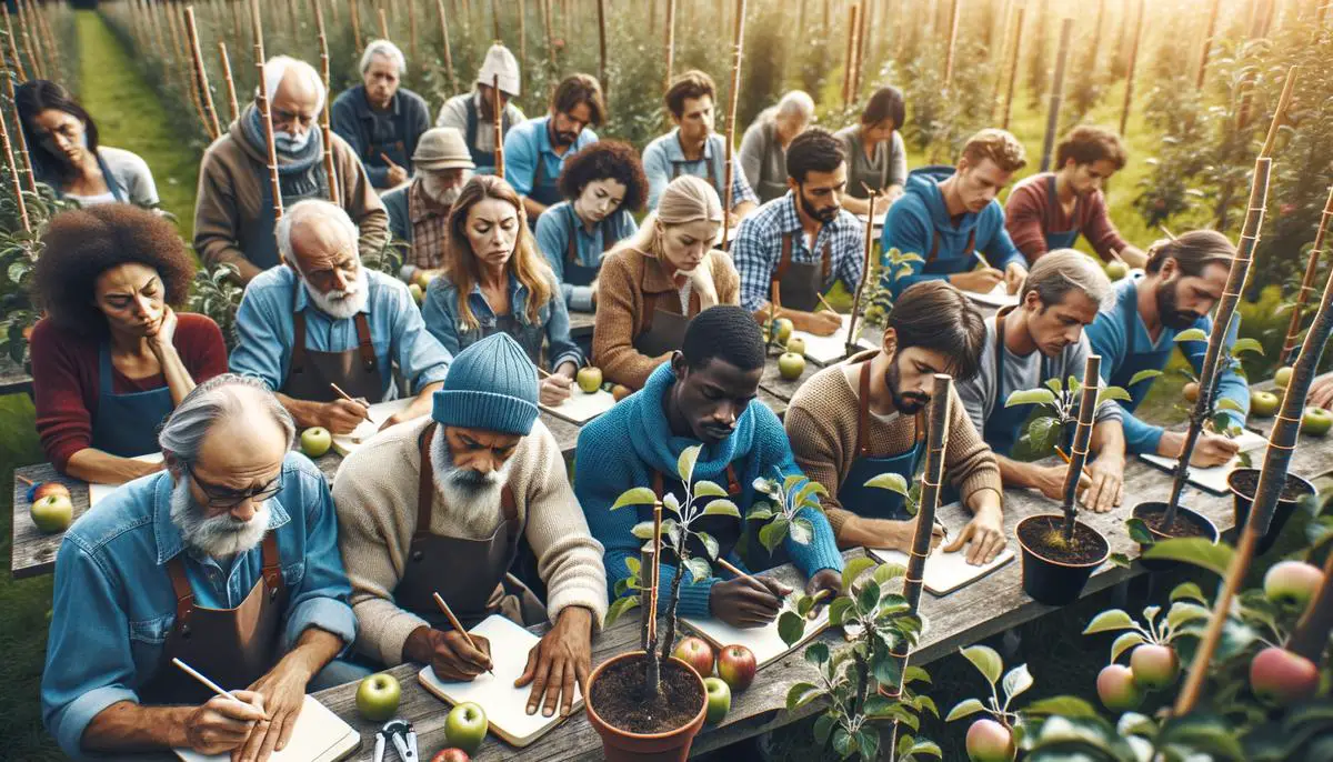 A group of apple growers attending an educational workshop, learning about new cultivation techniques