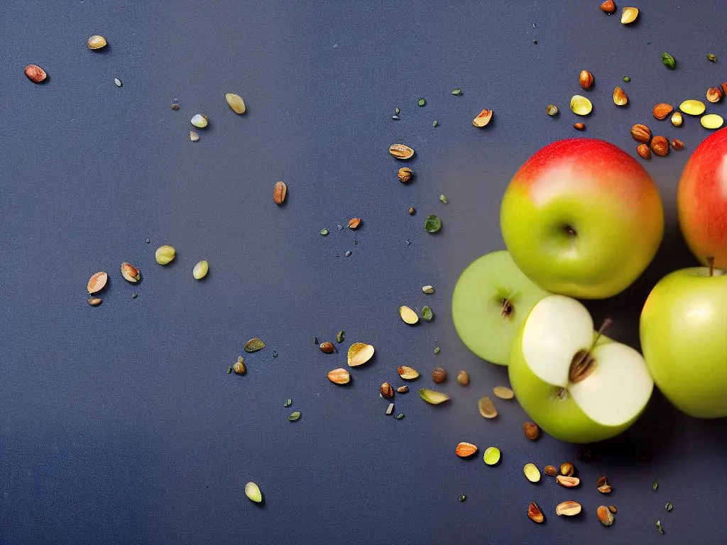 A picture of a red and green apple cut in half showing its crisp texture and seeds which may be beneficial for liver health.