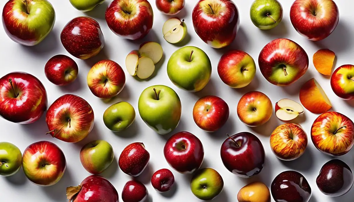 A close-up image of various apple varieties showcasing their vibrant colors and shapes, representing the diverse flavors and journey of the apple throughout history.