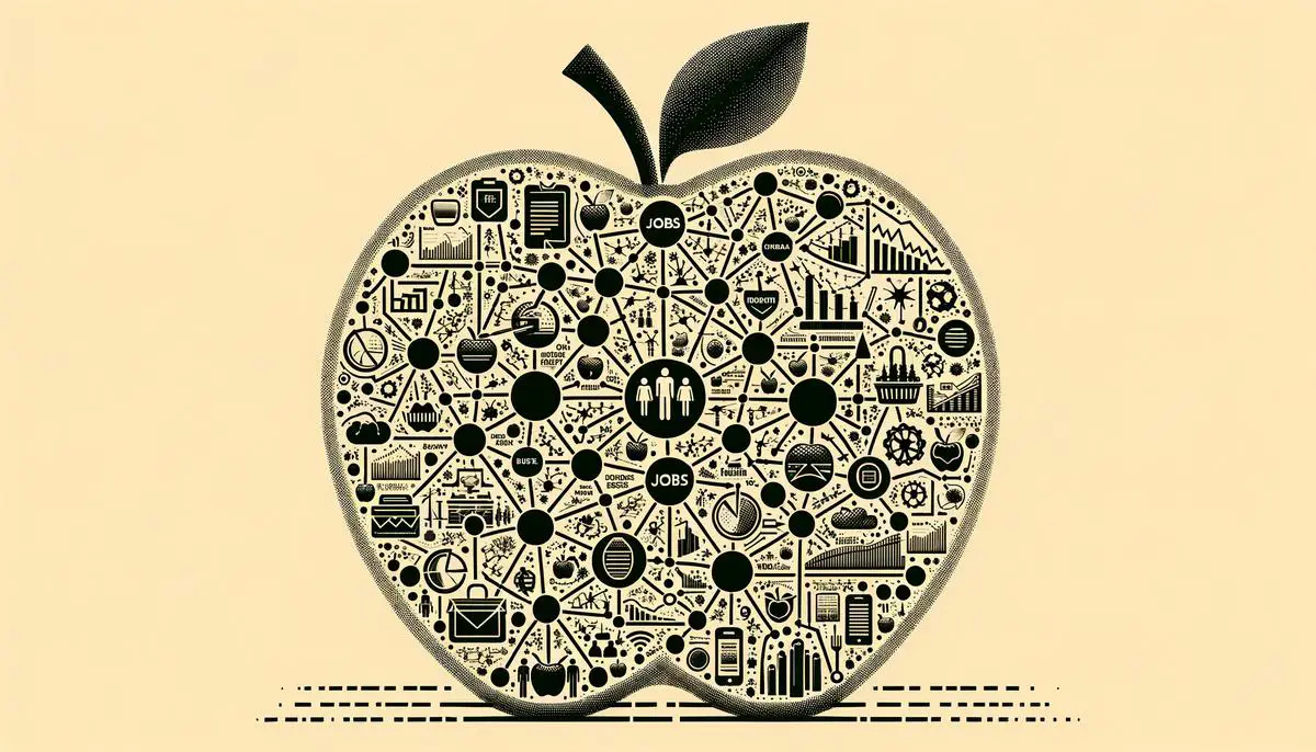 A visual representation of the apple industry's economic impact, showing interconnected elements like jobs, local businesses, and revenue streams