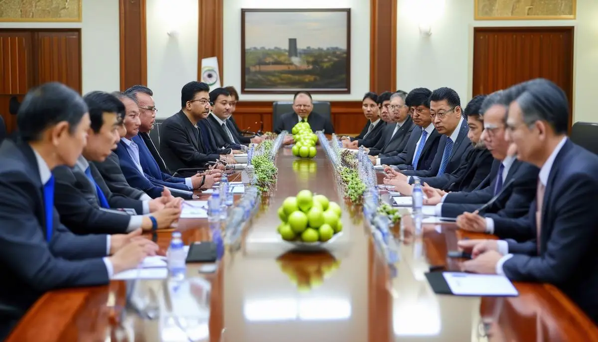 A group of apple industry representatives in a meeting with government officials