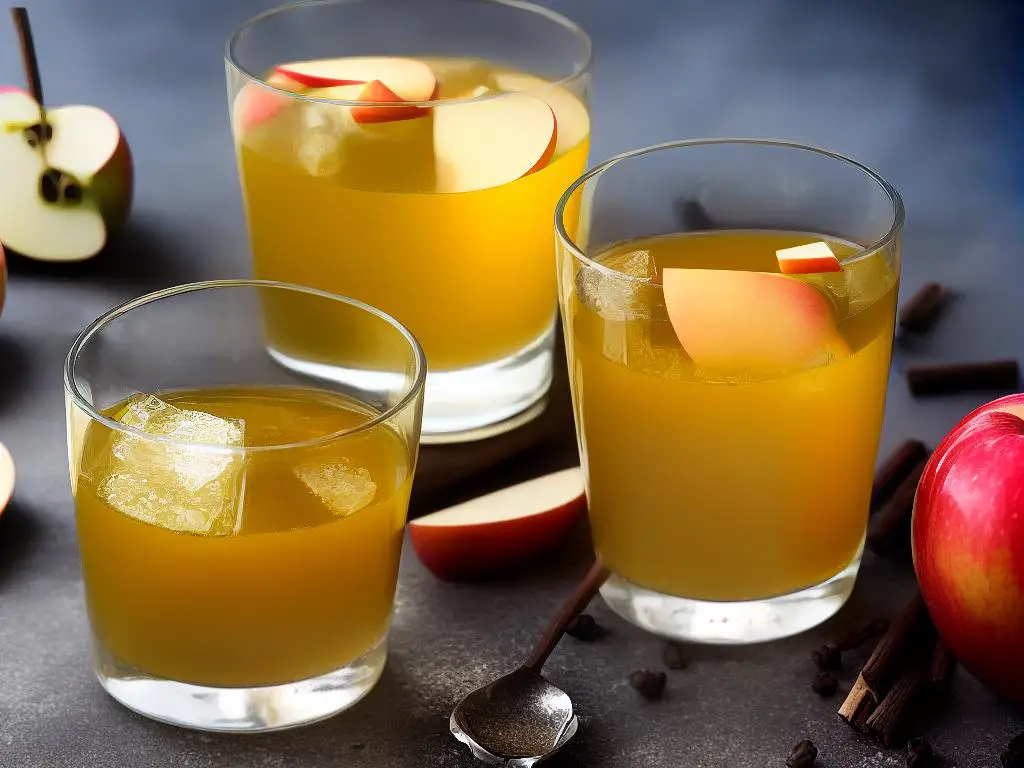 A glass of apple juice with slices of apple next to it. The juice appears golden yellow in color.