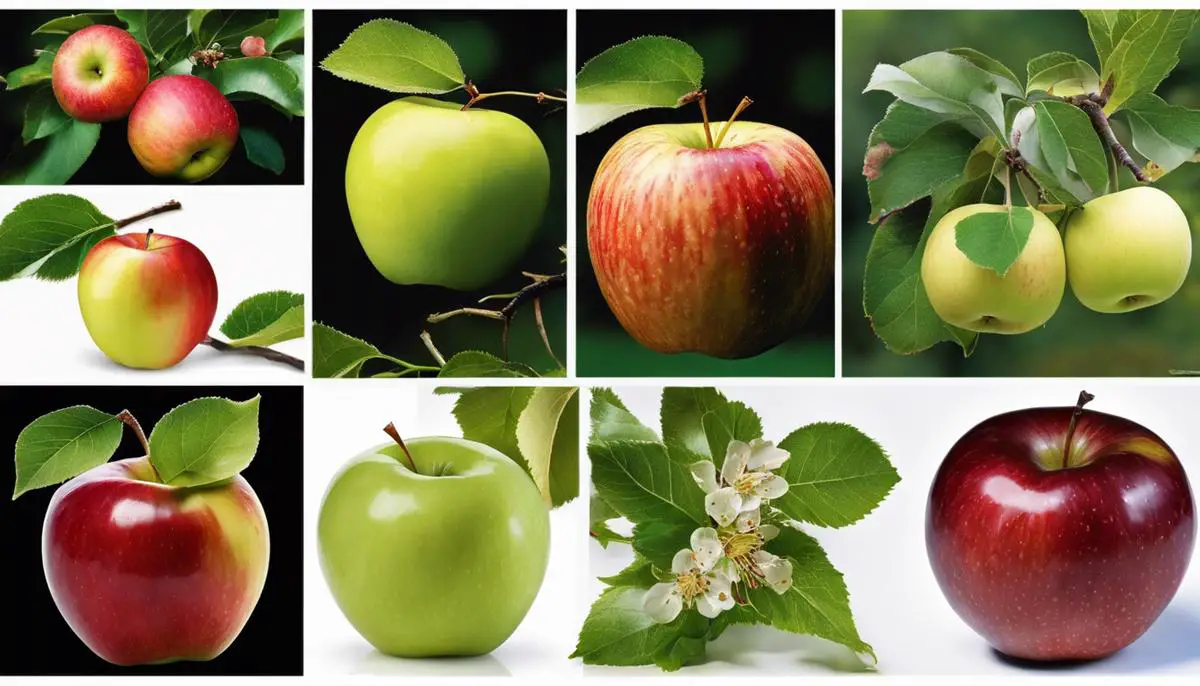 Image depicting the various stages of an apple's life cycle from blossom to mature fruit, showing the transitions and changes that occur throughout.