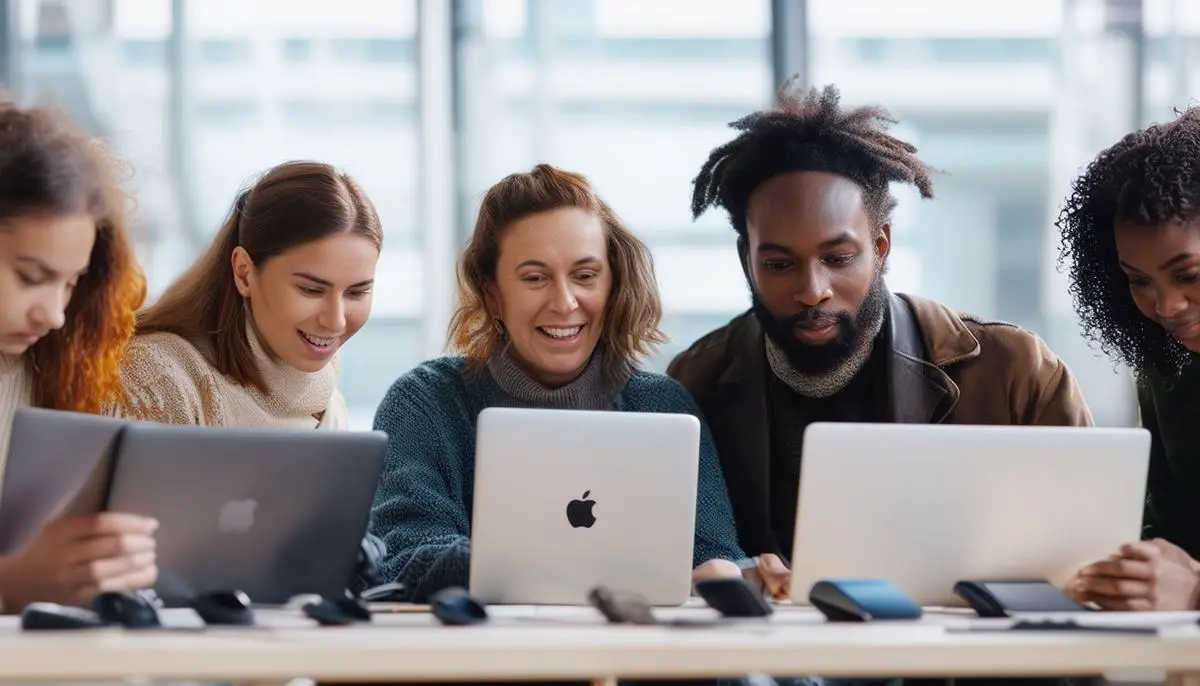 A diverse group of people representing different age groups and professions using various Apple products