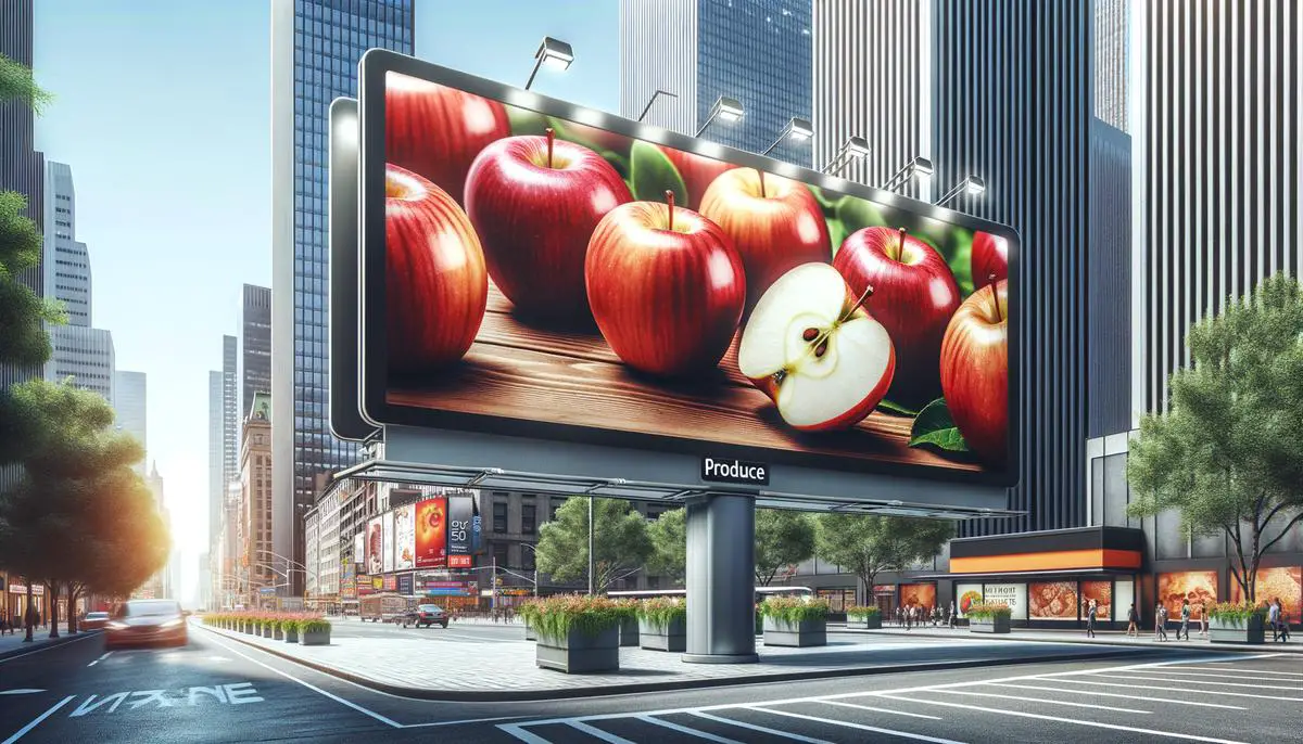 A large, eye-catching billboard showcasing a vibrant apple marketing campaign in a busy urban setting