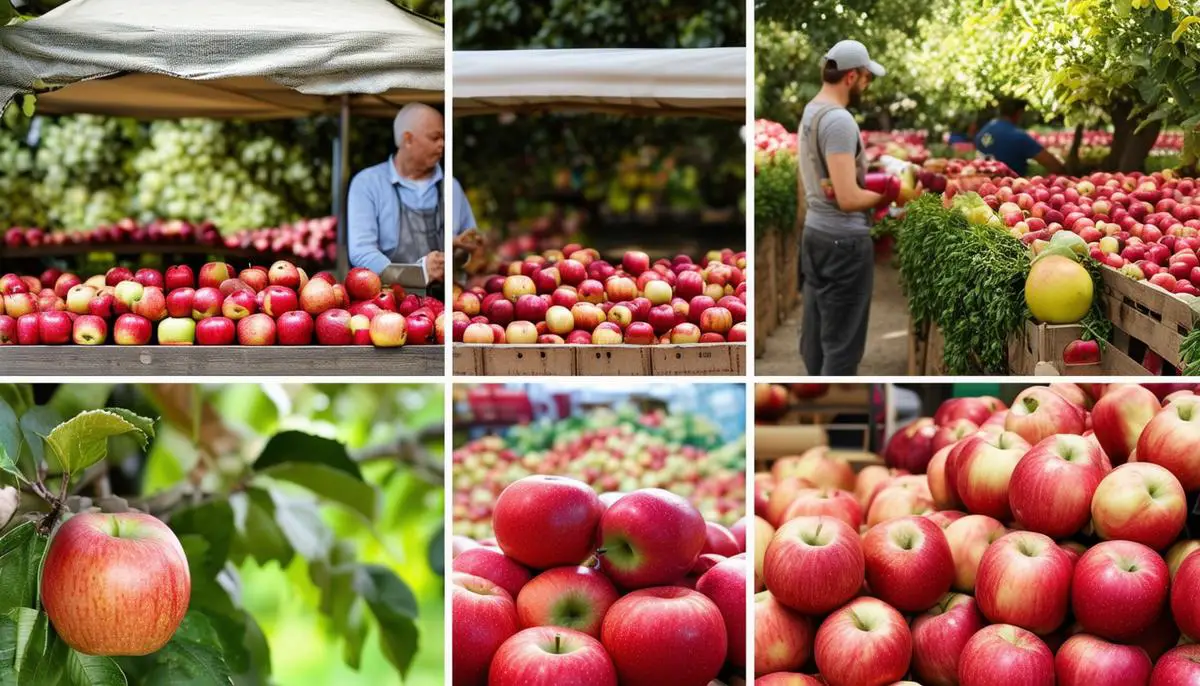 A montage of apple marketing strategies including farmers market stall, pick-your-own event, and value-added products