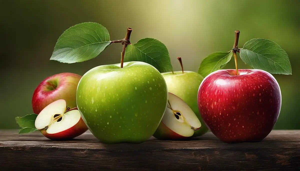 An image showing the stages of an apple's maturation, starting from a blossom and ending with a ripe fruit.