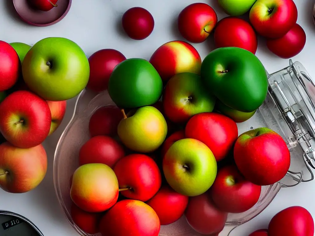 An image of a pile of red and green apples on a weighing scale with the measurement of 1 peck.