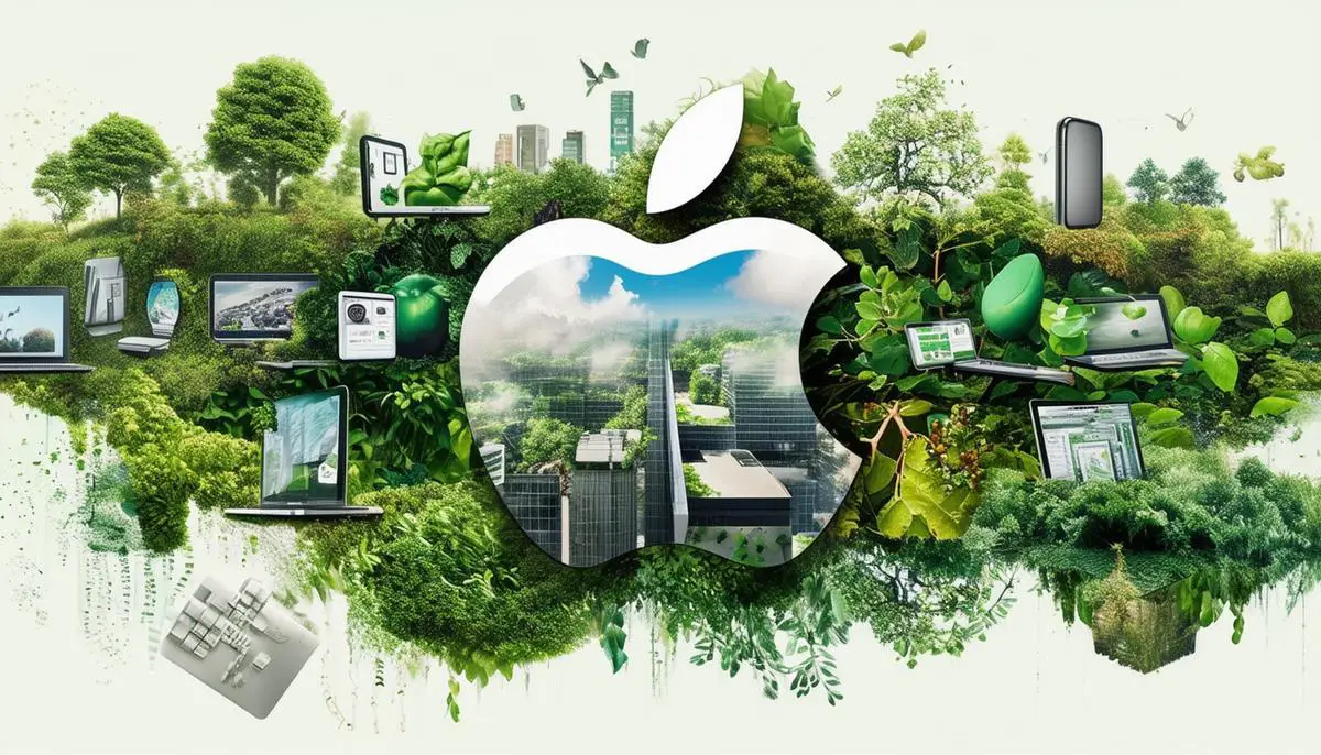 A collage representing Apple's commitment to innovation, accessibility, and environmental responsibility