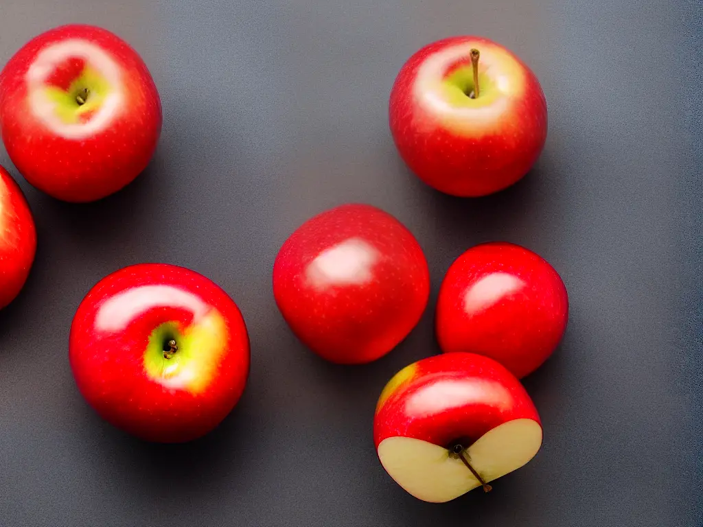 An image of a red apple cut in half with labels pointing out its nutritional value and health benefits such as dietary fiber, vitamin C, and antioxidants.