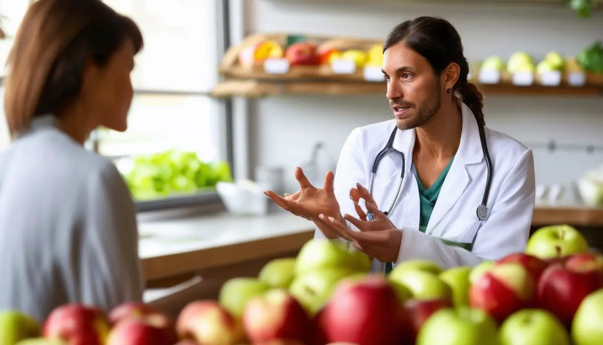 A nutritionist explaining an apple-centric diet plan to a client