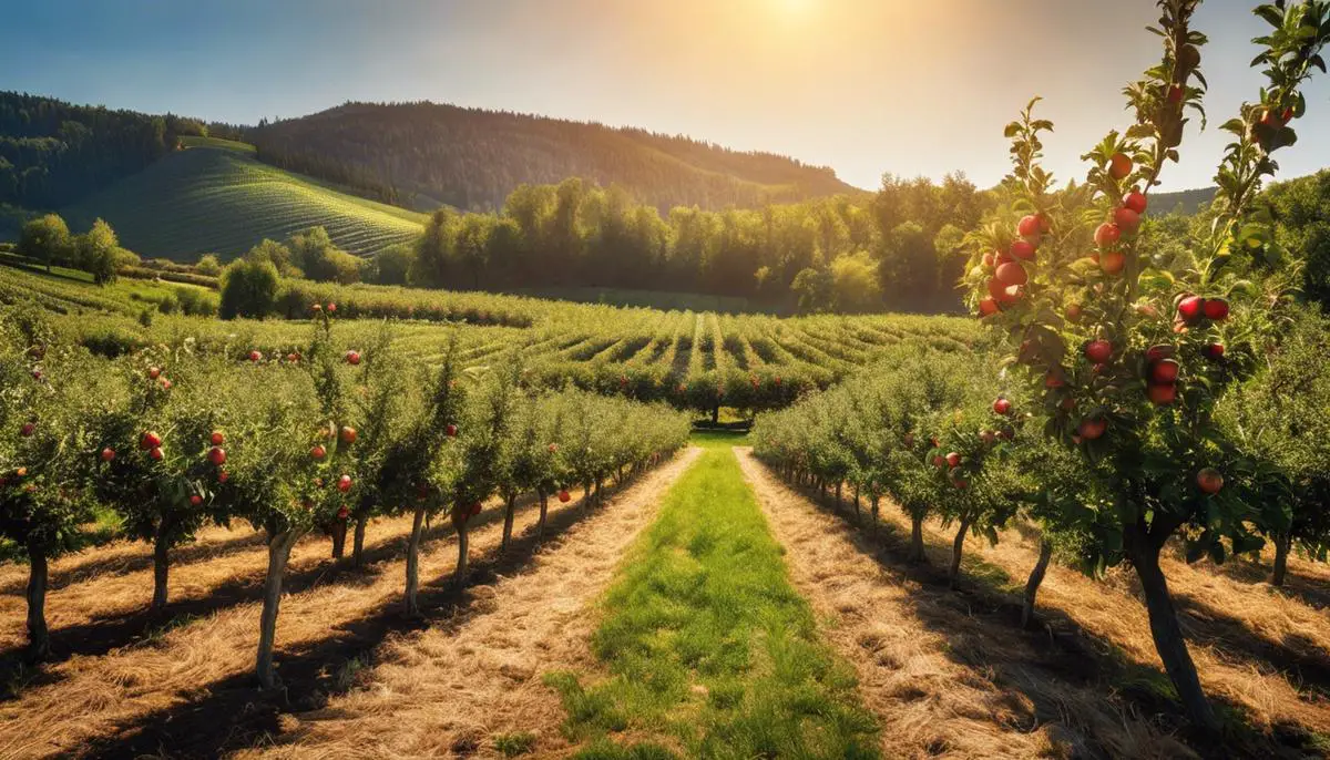 A sunny apple orchard with rows of apple trees, ready for harvest.
