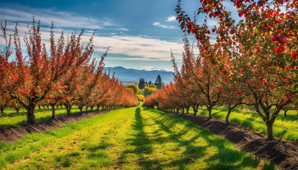 A scenic view of an apple orchard during harvest season, with rows of apple trees and vibrant autumn colors.