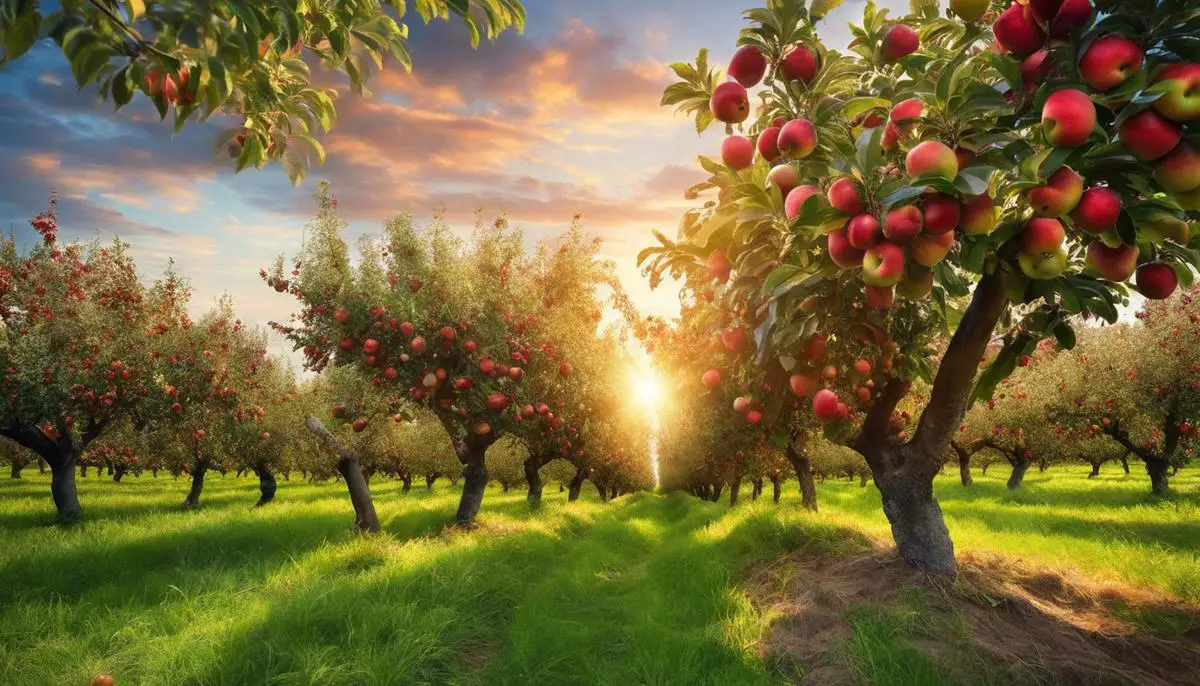 Image of a beautiful apple orchard with trees full of ripe apples