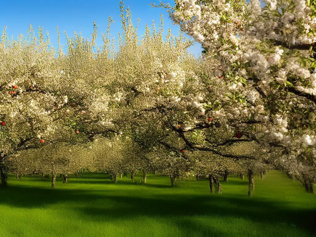 An image of an apple orchard with trees in full bloom with ripe apples hanging from the branches.