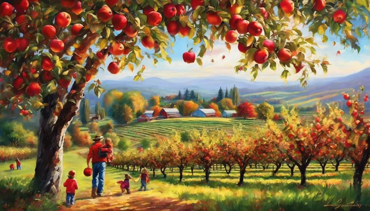 Various apple orchards with colorful apple trees and families picking apples, showcasing the joy of apple picking.