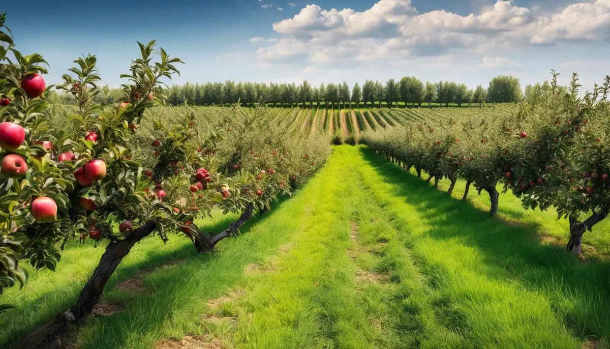An image of a beautiful apple orchard with rows of apple trees, ready for harvesting