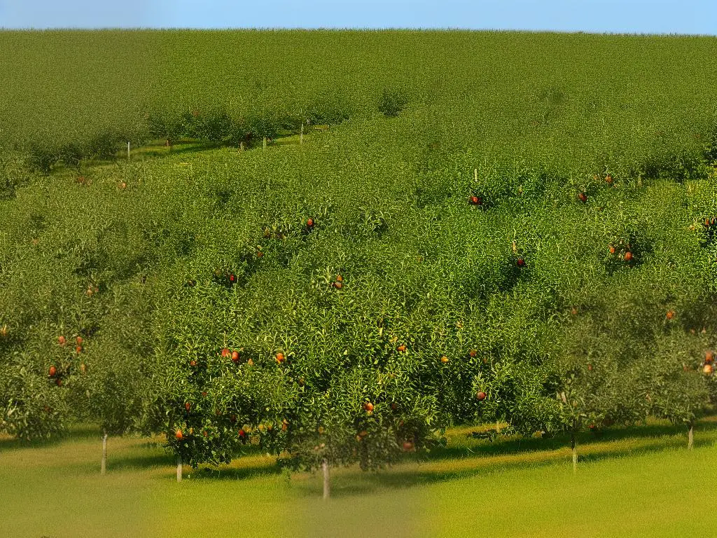 Image of an apple orchard with rows of apple trees