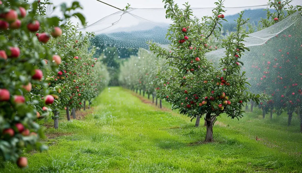 An apple orchard with protective netting against hail