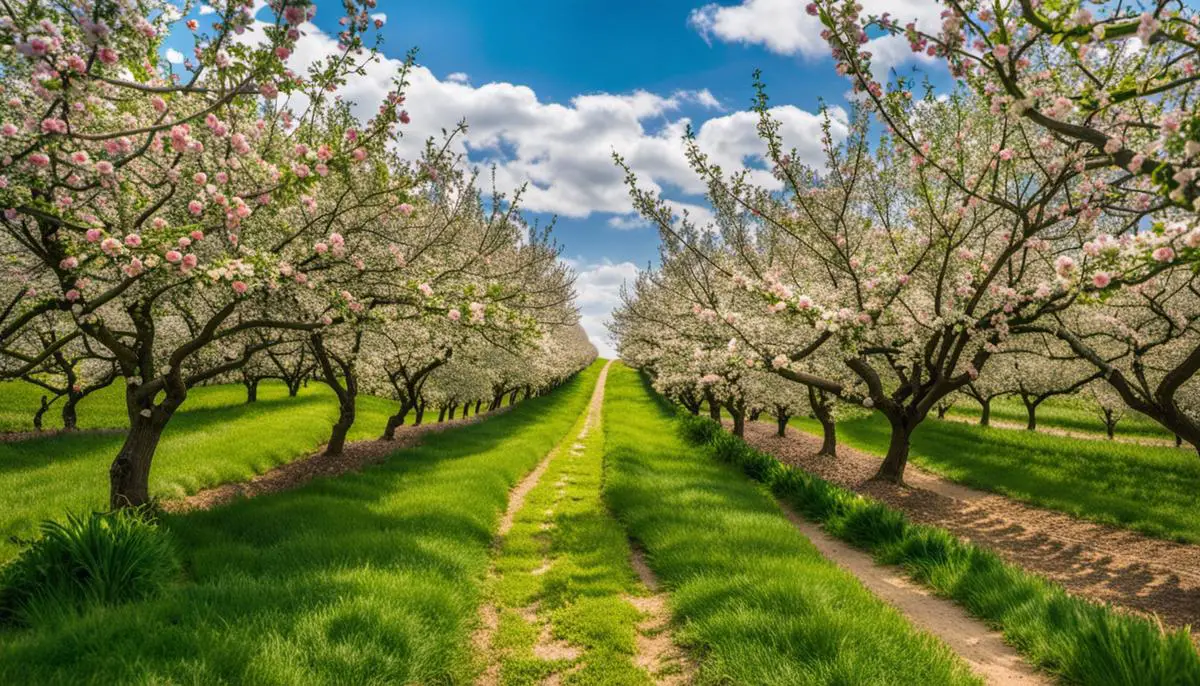 Image of an apple orchard with blossoming apple trees in Iowa City