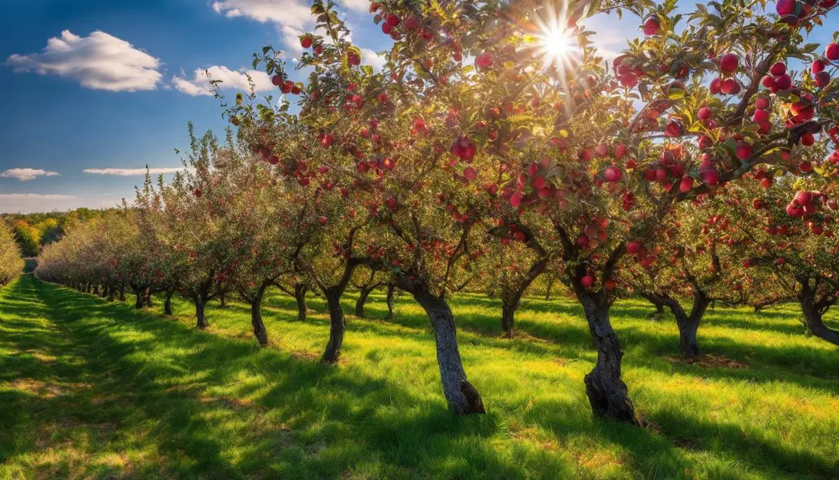 Image of a scenic apple orchard in Rhode Island, filled with rows of vibrant apple trees.