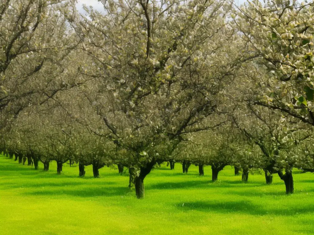 Rows of apple trees in an orchard with green foliage and ripe fruit hanging off the branches.