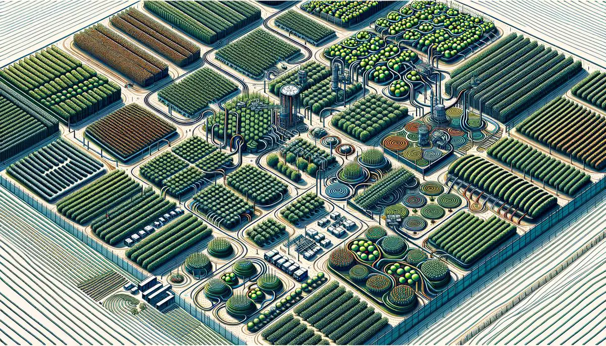 An aerial view of a planned apple orchard layout with rows of trees, irrigation systems, and equipment