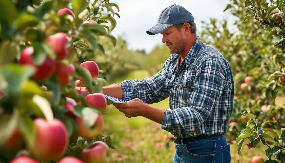 Farmer implementing risk management strategies in an apple orchard