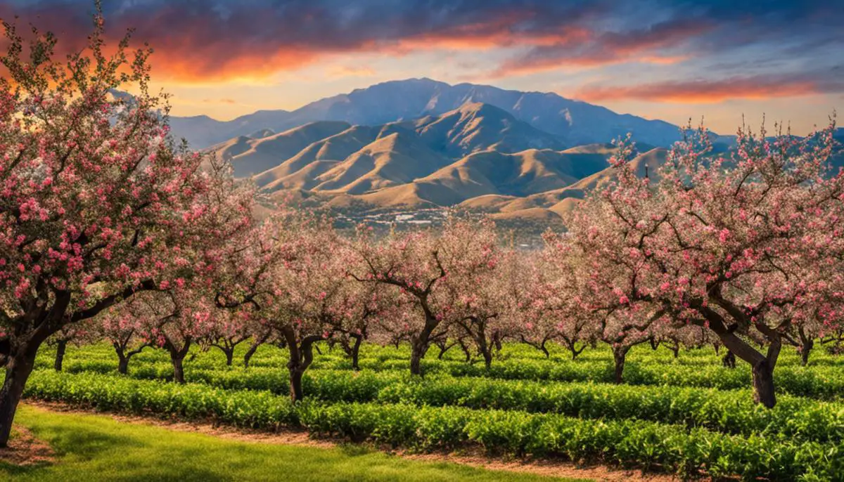 A picture of a beautiful apple orchard in Southern California surrounded by majestic mountains.