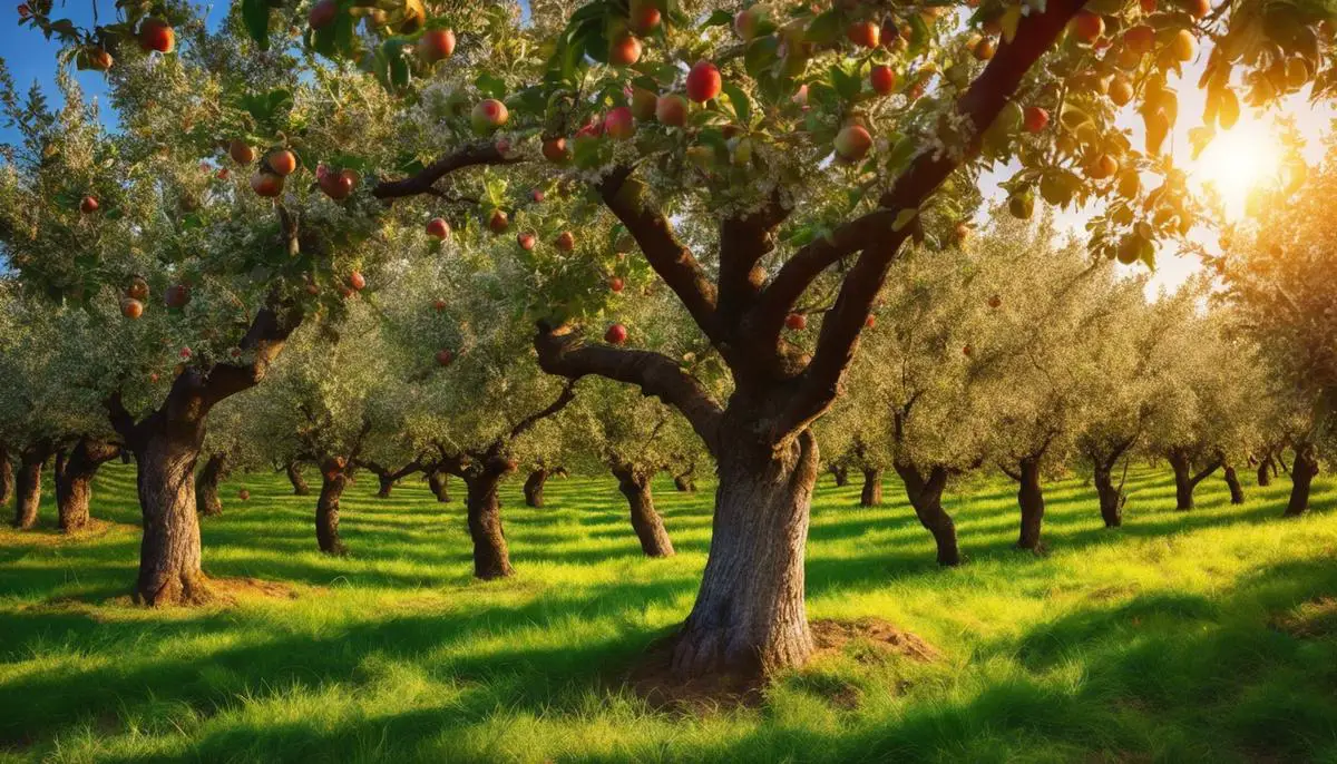 Image of a beautiful apple orchard with trees full of ripe apples