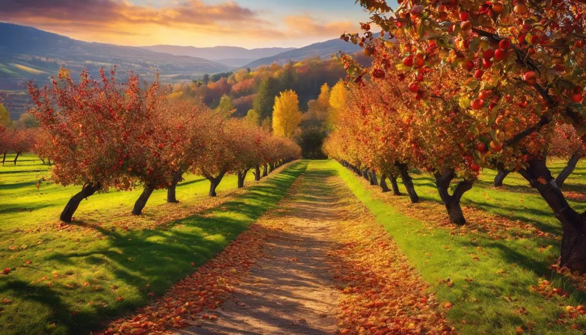 A picturesque apple orchard during autumn, with trees full of colorful apples and leaves on the ground.
