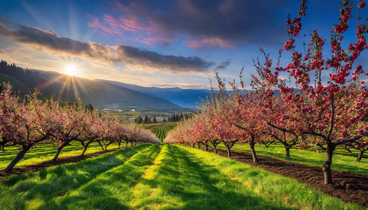 A beautiful image of apple orchards in Oregon, highlighting the vibrant colors of different apple varieties.