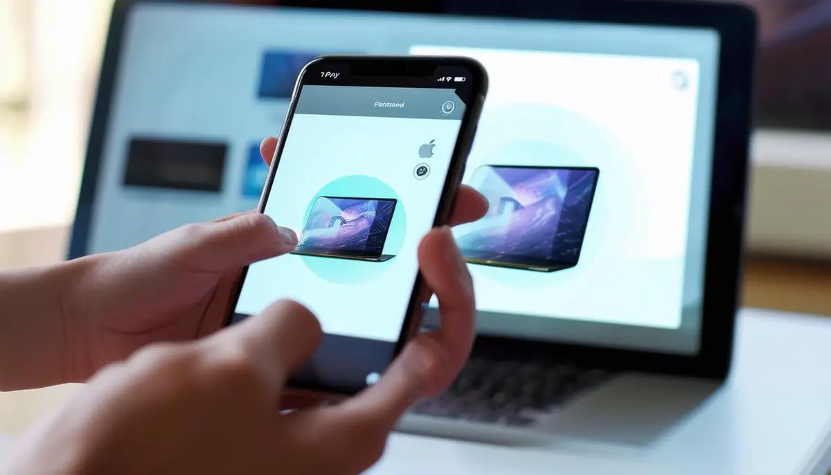 A person using Apple Pay on an iPhone while an augmented reality view of a MacBook appears on the device