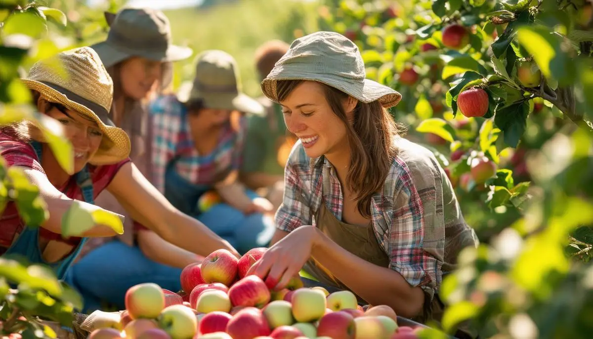 Diverse group of farm workers handpicking apples in a sun-dappled orchard