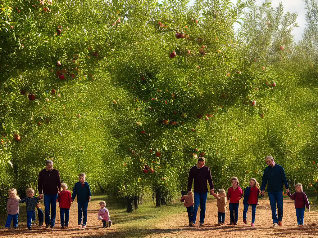 A group of families walking through a green orchard picking apples off trees during a sunny fall day.