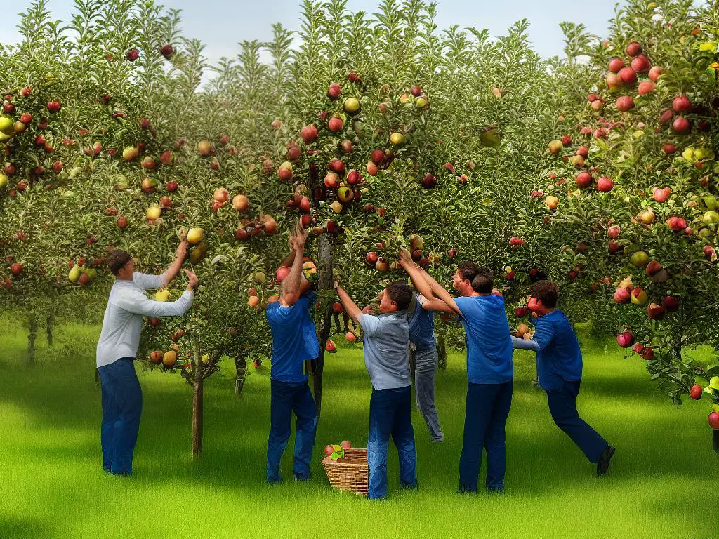 A group of people picking apples in an orchard using ladders and baskets.