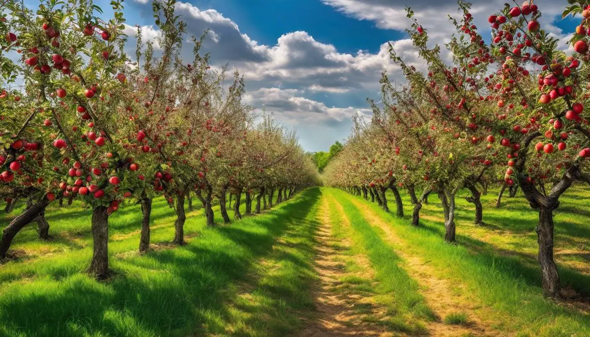 A picturesque orchard with rows of apple trees, filled with ripe fruit hanging overhead.