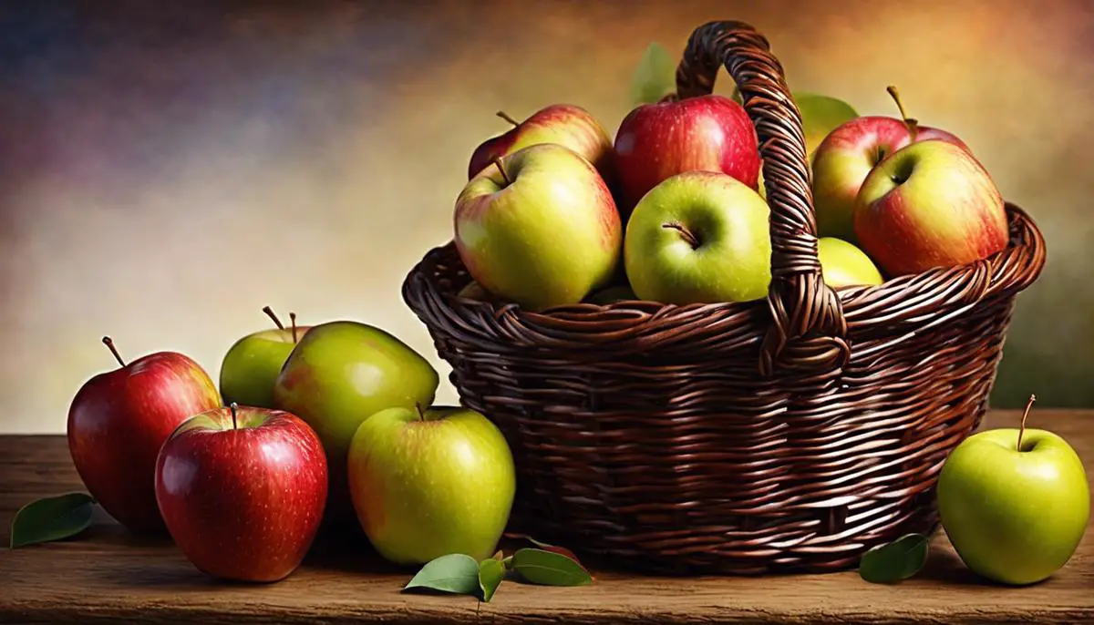 A colorful basket full of freshly picked apples, ready to be enjoyed.
