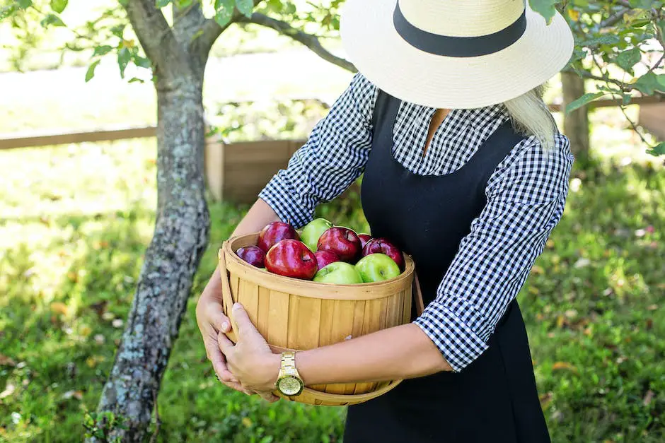 a woman carrying a basket of apples through an orchard