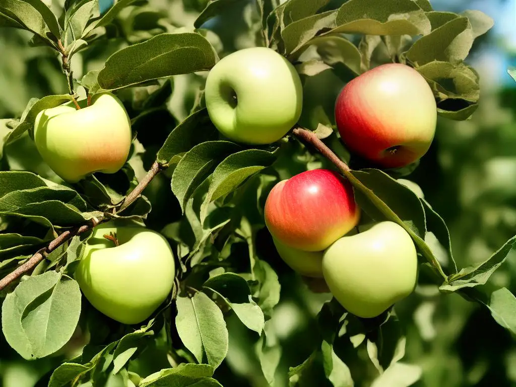 A freshly picked apple with the green and red color that indicates peak ripeness