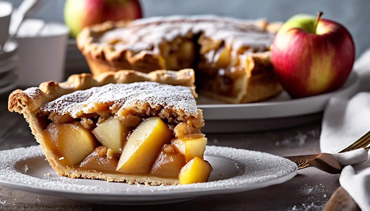 A delicious apple pie with a golden-brown crust, filled with a mixture of sweet and tangy apples, topped with a light sprinkling of sugar crystals.