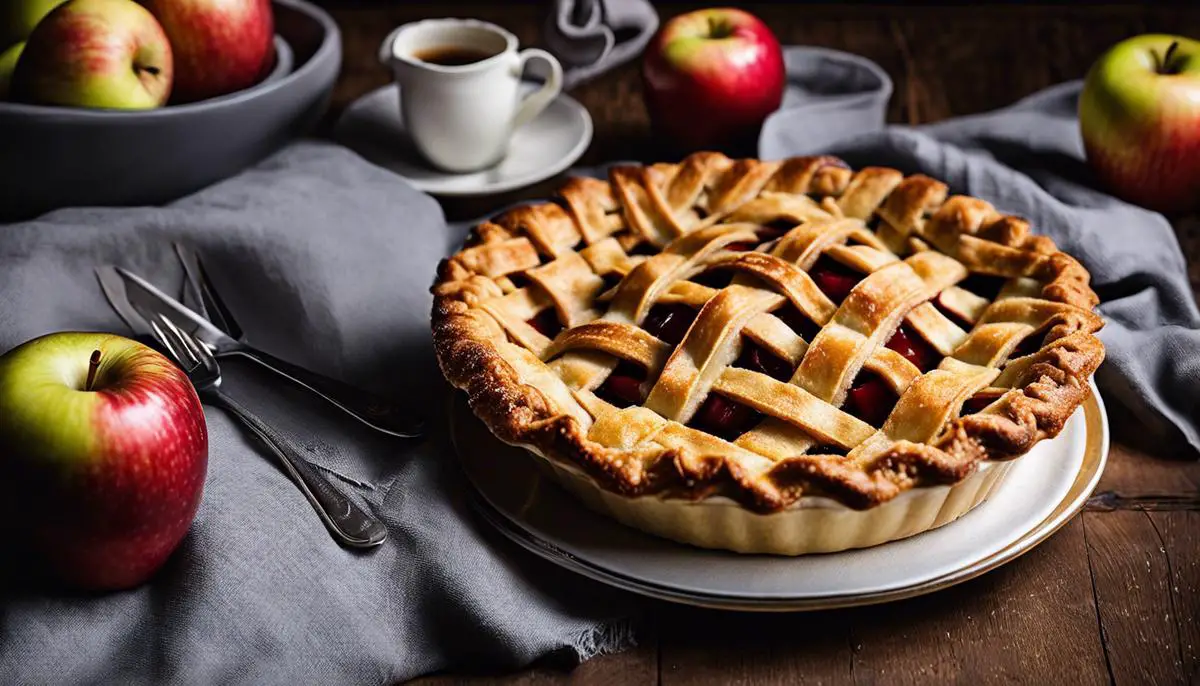 A golden brown apple pie with a lattice crust, beautifully baked to perfection