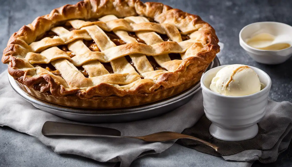 A freshly baked apple pie with a flaky crust, topped with a scoop of vanilla ice cream.