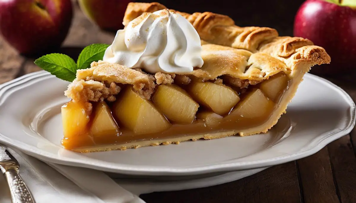 A delicious apple pie with a golden crust and a dollop of whipped cream on top