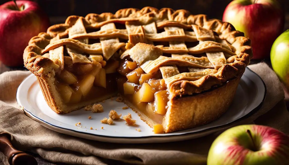 A slice of classic homemade apple pie with a golden crust showcasing the tender, spiced apple filling. It is a delicious all-American dessert evoking warmth and nostalgia.