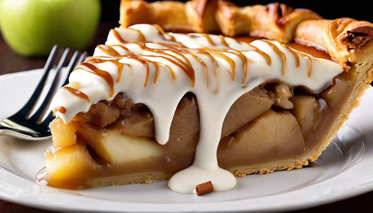 A mouth-watering image of a slice of apple pie with a cinnamon roll crust, topped with lattice and drizzled with icing.